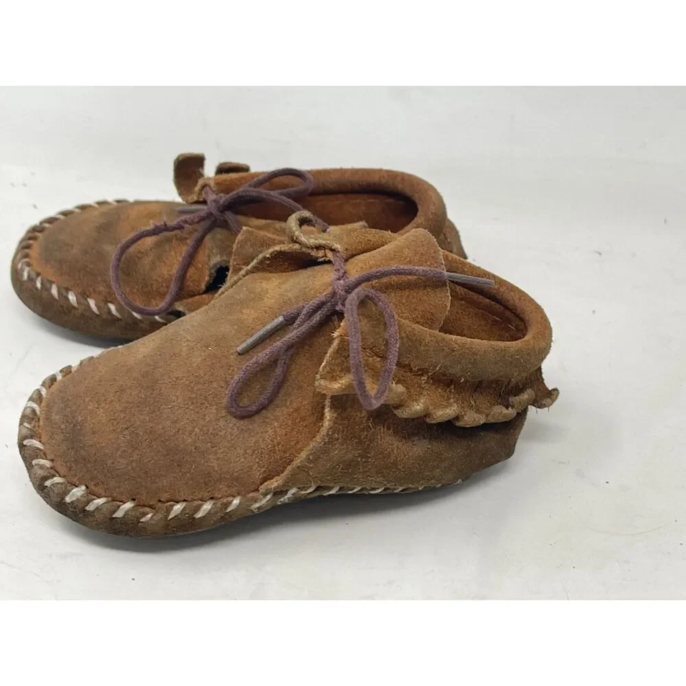 Vintage 80s Baby Kids Moccasins Leather Fringe Casual Shoes Size 2/3